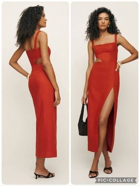 Reformation Blood Orange Satori Linen Cut Out Front Slit Dress